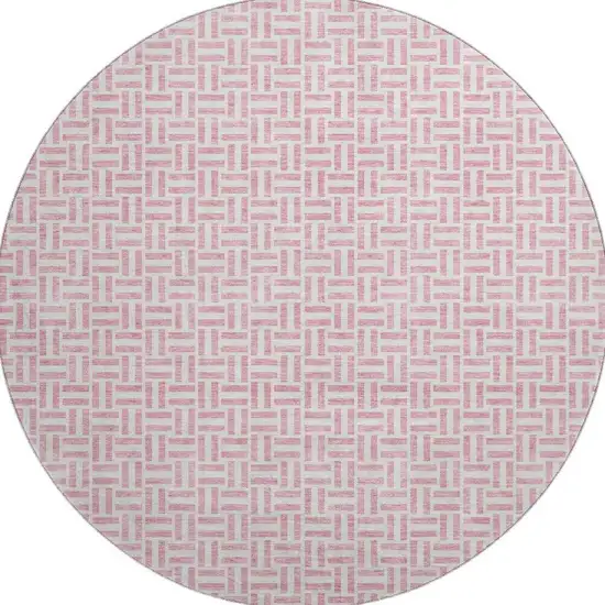 8' Pink And Ivory Geometric Washable Round Rug With UV Protection Photo 3