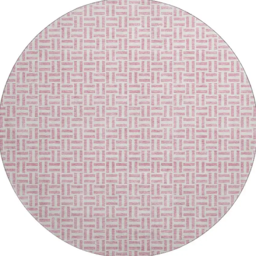 8' Pink And Ivory Geometric Washable Round Rug With UV Protection Photo 3