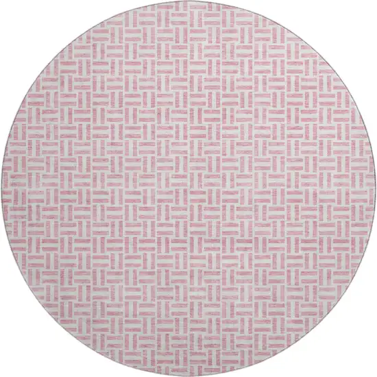 8' Pink And Ivory Geometric Washable Round Rug With UV Protection Photo 1