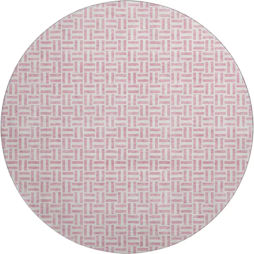 8' Pink And Ivory Geometric Washable Round Rug With UV Protection Photo 1