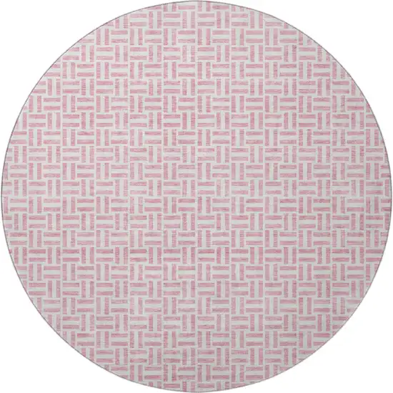 8' Pink And Ivory Geometric Washable Round Rug With UV Protection Photo 4