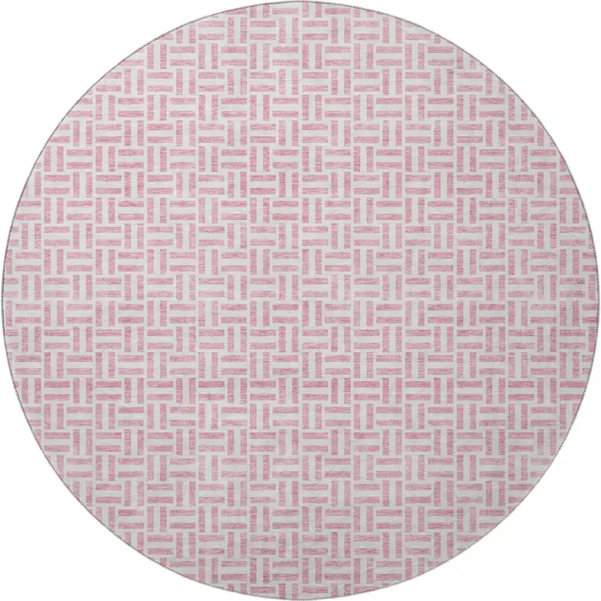 8' Pink And Ivory Geometric Washable Round Rug With UV Protection Photo 4