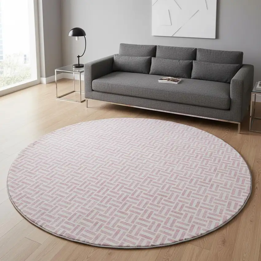 8' Pink And Ivory Geometric Washable Round Rug With UV Protection Photo 2