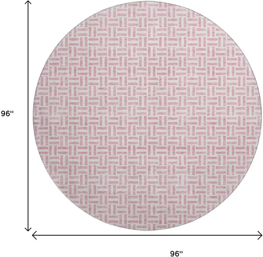 8' Pink And Ivory Geometric Washable Round Rug With UV Protection Photo 3