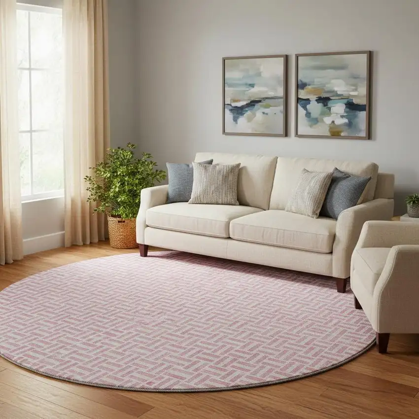 8' Pink And Ivory Geometric Washable Round Rug With UV Protection Photo 1