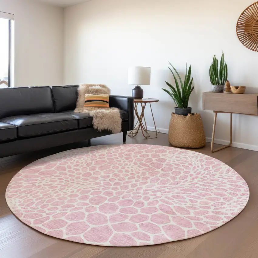 8' Pink And Ivory Geometric Washable Round Rug With UV Protection Photo 5