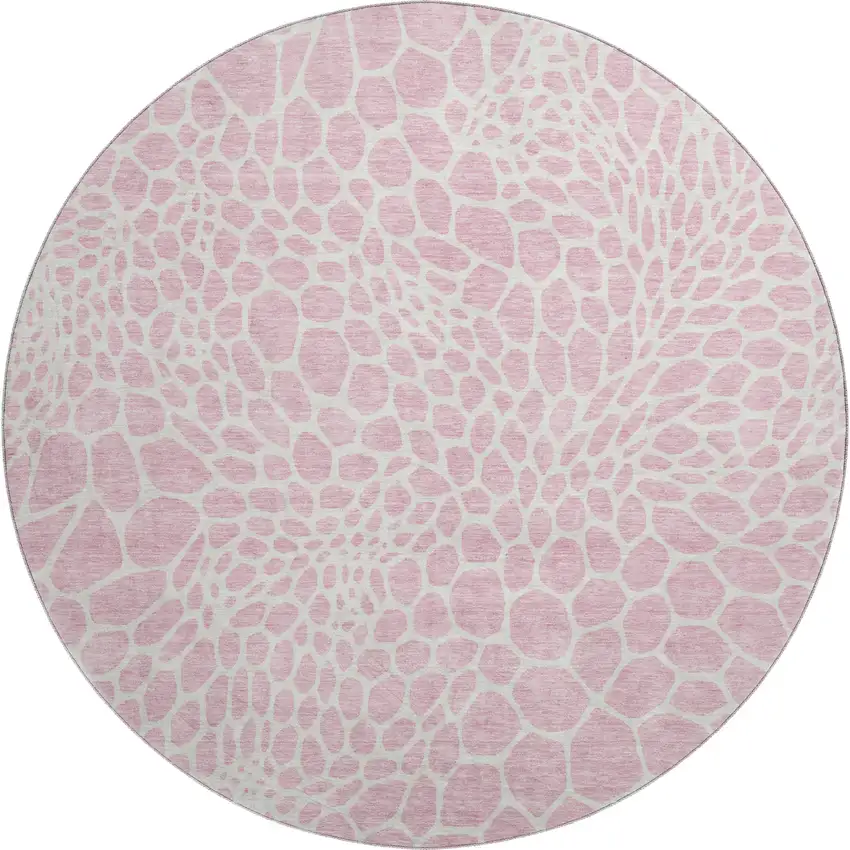8' Pink And Ivory Geometric Washable Round Rug With UV Protection Photo 1
