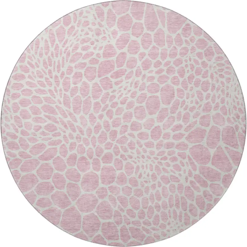 8' Pink And Ivory Geometric Washable Round Rug With UV Protection Photo 4