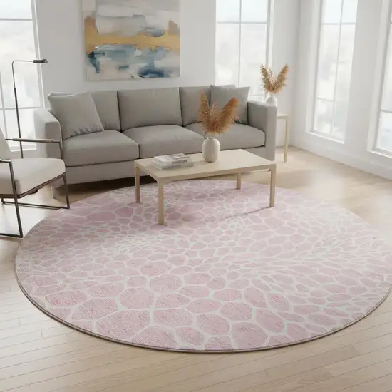 8' Pink And Ivory Geometric Washable Round Rug With UV Protection Photo 2