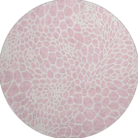 8' Pink And Ivory Geometric Washable Round Rug With UV Protection Photo 3