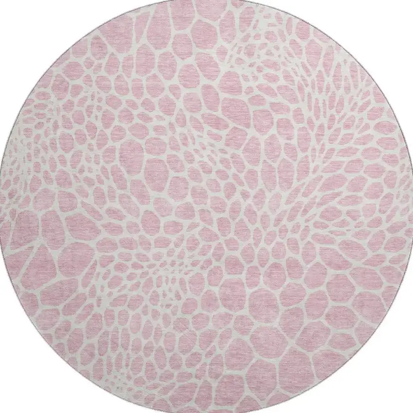 8' Pink And Ivory Geometric Washable Round Rug With UV Protection Photo 3