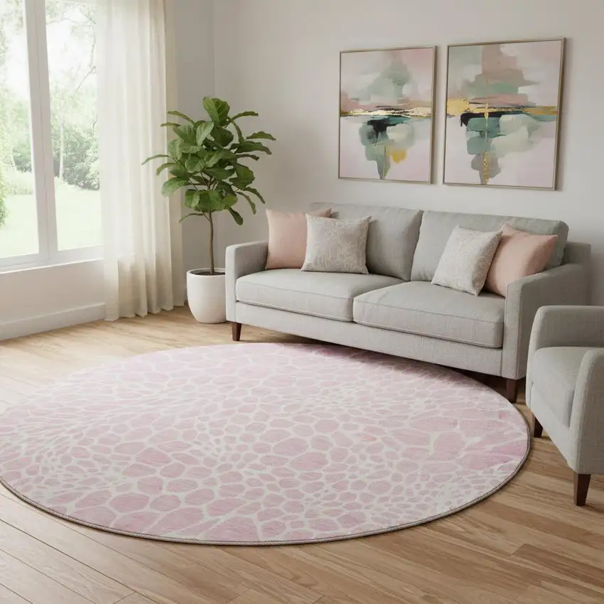 8' Pink And Ivory Geometric Washable Round Rug With UV Protection Photo 1