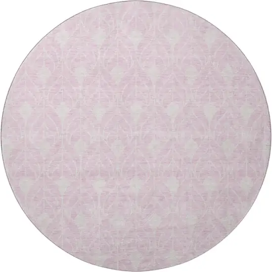 8' Pink And Ivory Geometric Washable Round Rug With UV Protection Photo 3