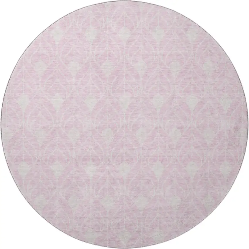 8' Pink And Ivory Geometric Washable Round Rug With UV Protection Photo 3