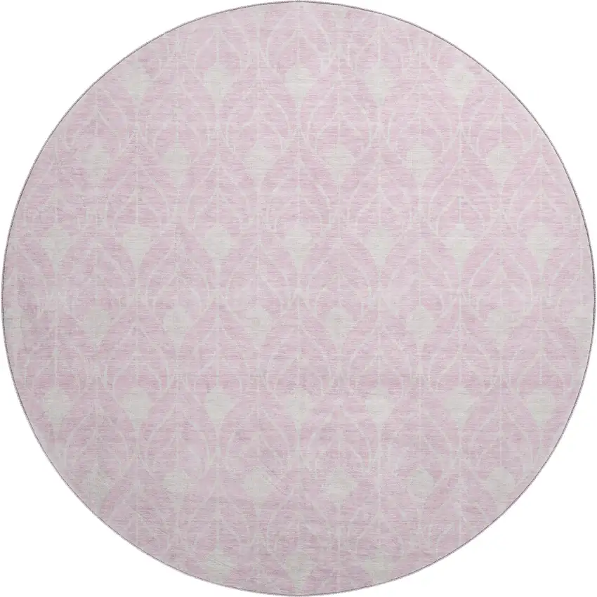 8' Pink And Ivory Geometric Washable Round Rug With UV Protection Photo 1