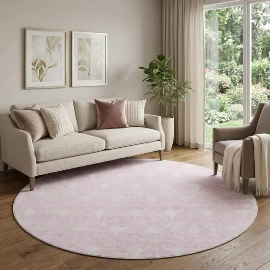 8' Pink And Ivory Geometric Washable Round Rug With UV Protection Photo 1