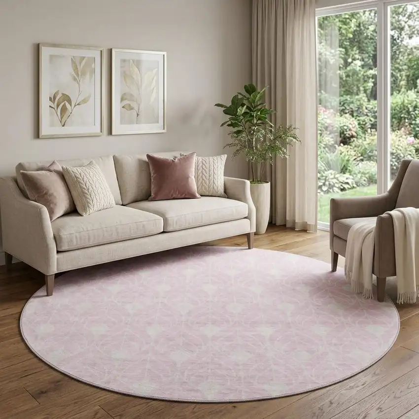 8' Pink And Ivory Geometric Washable Round Rug With UV Protection Photo 1