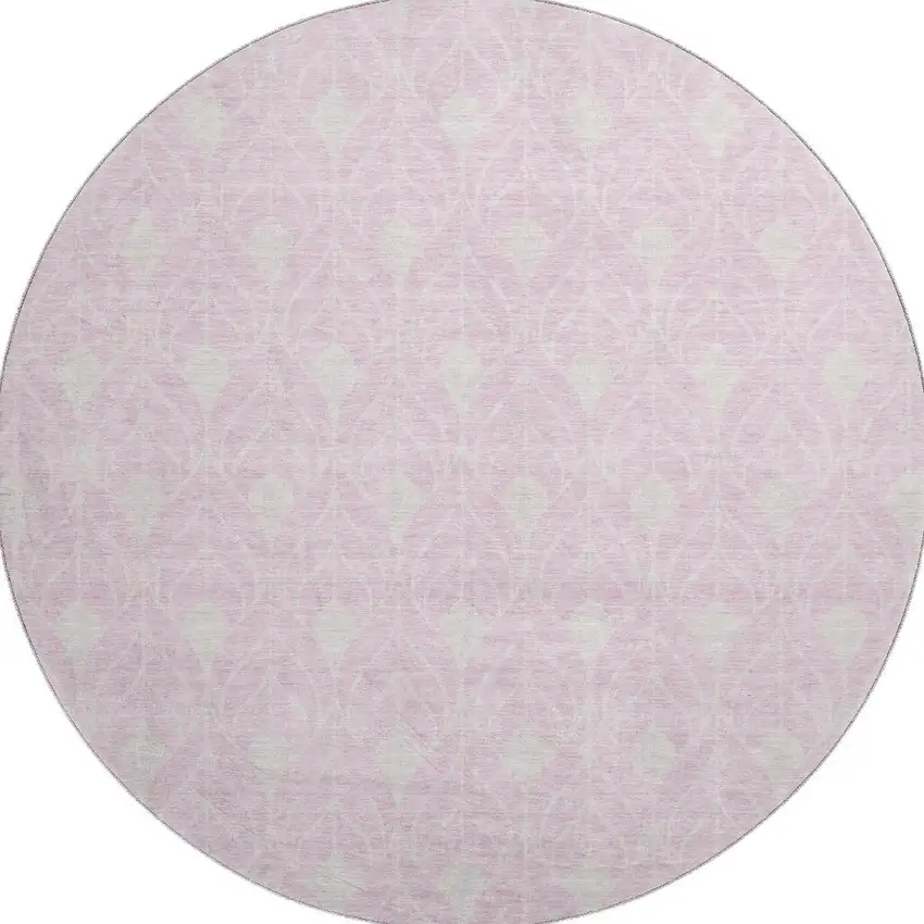 8' Pink And Ivory Geometric Washable Round Rug With UV Protection Photo 3
