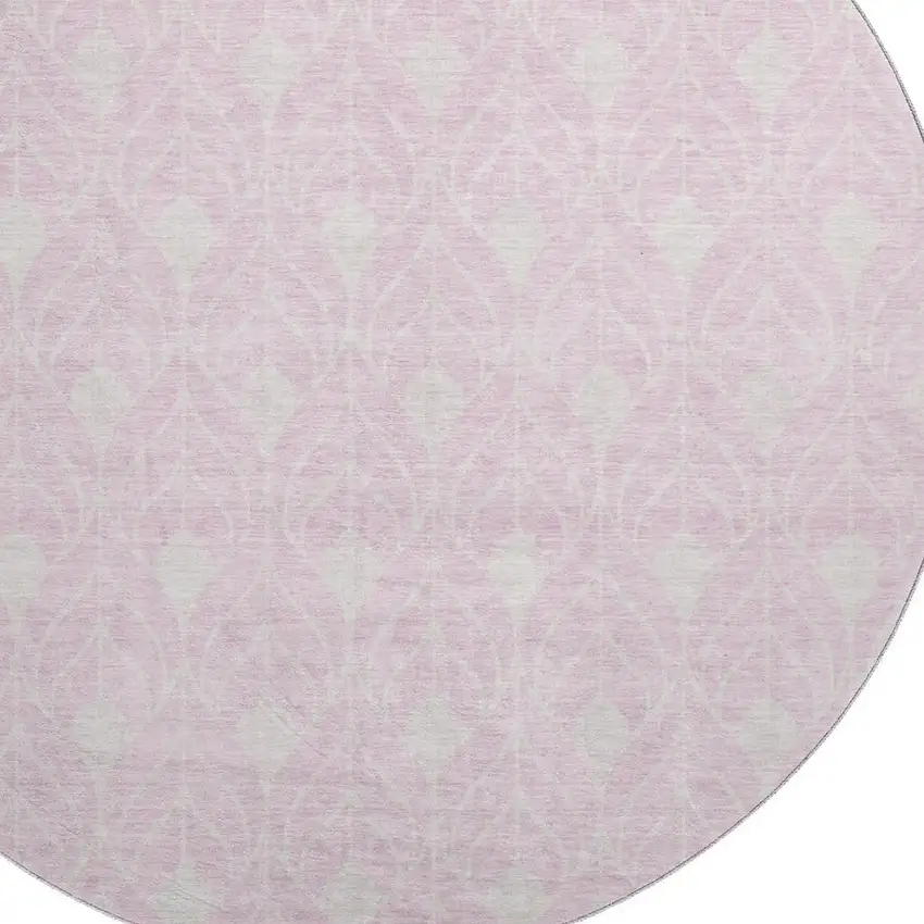 8' Pink And Ivory Geometric Washable Round Rug With UV Protection Photo 2