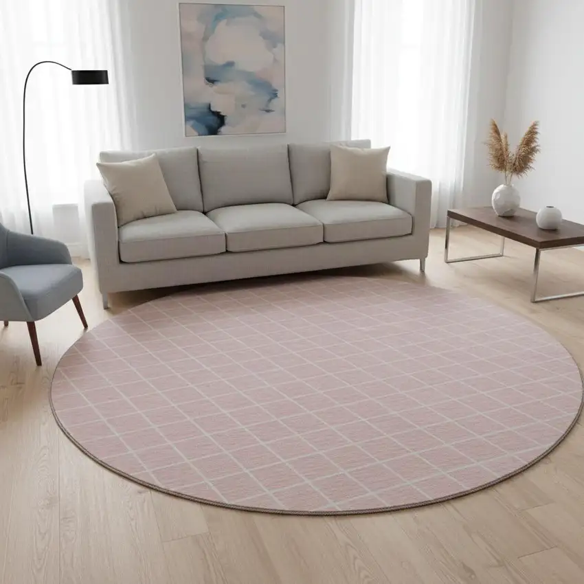 8' Pink And Ivory Geometric Washable Round Rug With UV Protection Photo 2