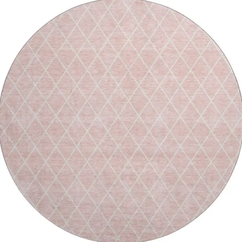 8' Pink And Ivory Geometric Washable Round Rug With UV Protection Photo 3