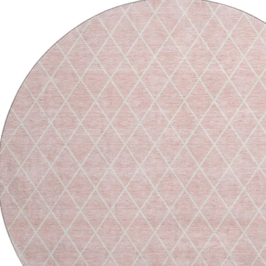 8' Pink And Ivory Geometric Washable Round Rug With UV Protection Photo 2