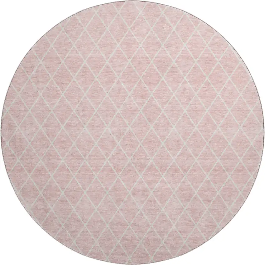 8' Pink And Ivory Geometric Washable Round Rug With UV Protection Photo 1