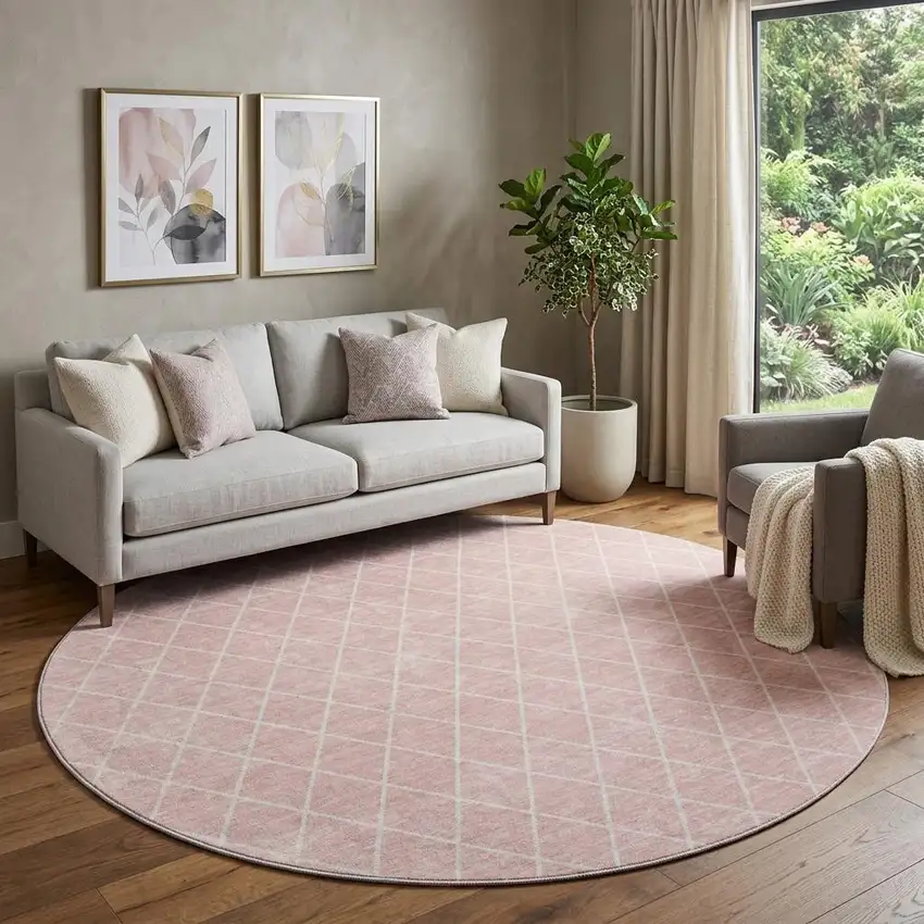 8' Pink And Ivory Geometric Washable Round Rug With UV Protection Photo 1