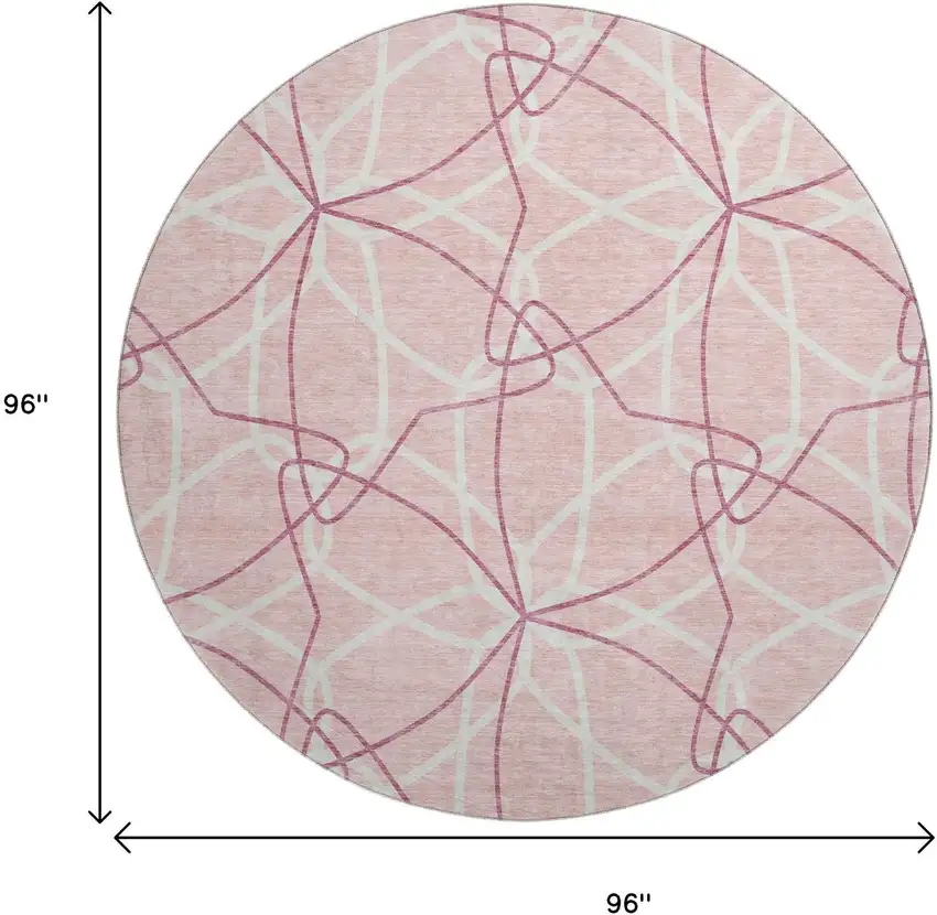 8' Pink And Ivory Geometric Washable Round Rug With UV Protection Photo 9