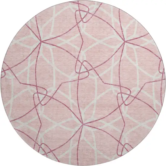 8' Pink And Ivory Geometric Washable Round Rug With UV Protection Photo 1