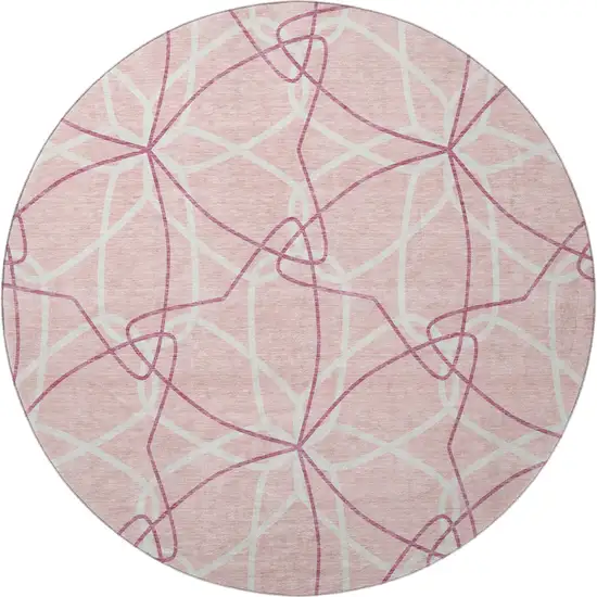 8' Pink And Ivory Geometric Washable Round Rug With UV Protection Photo 3
