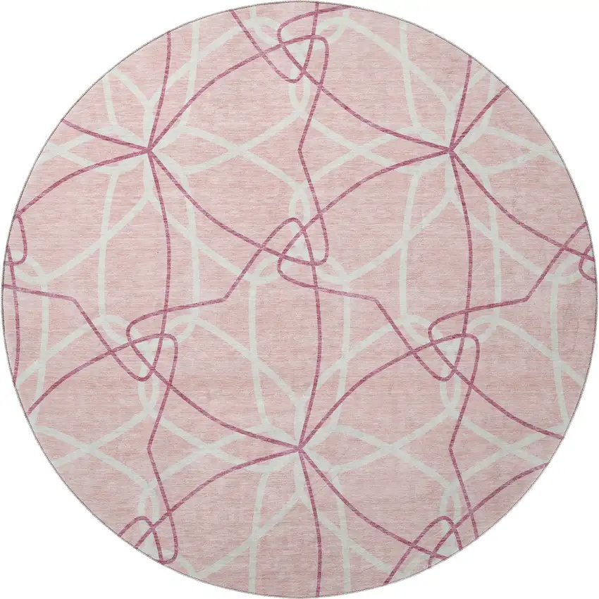8' Pink And Ivory Geometric Washable Round Rug With UV Protection Photo 3