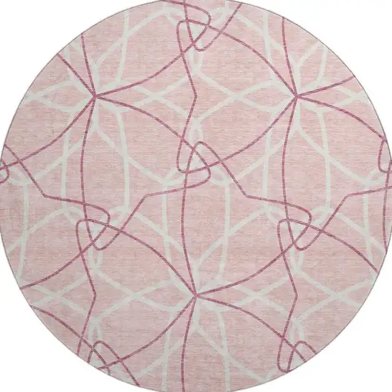 8' Pink And Ivory Geometric Washable Round Rug With UV Protection Photo 2
