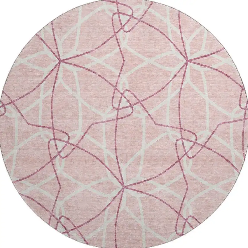 8' Pink And Ivory Geometric Washable Round Rug With UV Protection Photo 2