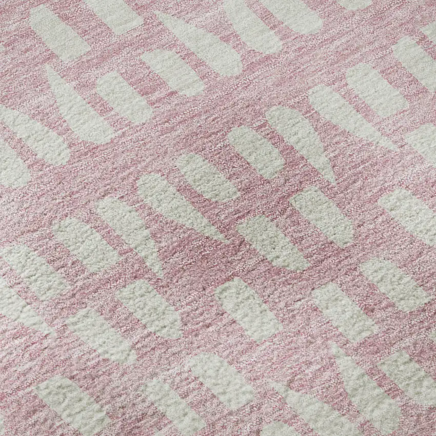 8' Pink And Ivory Geometric Washable Round Rug With UV Protection Photo 8