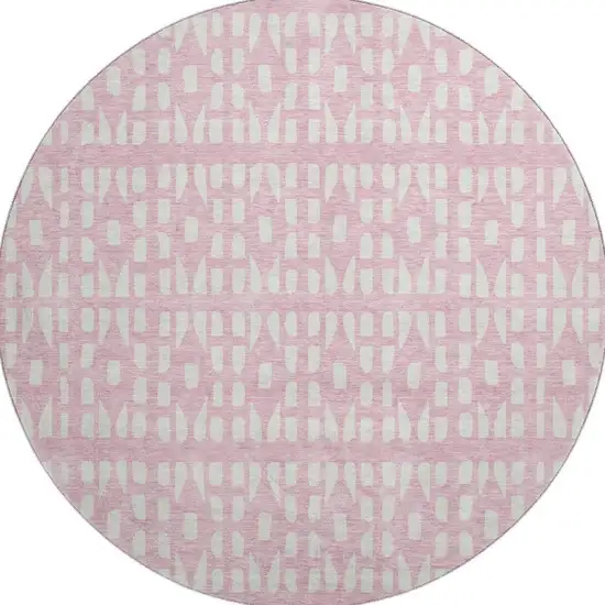 8' Pink And Ivory Geometric Washable Round Rug With UV Protection Photo 2