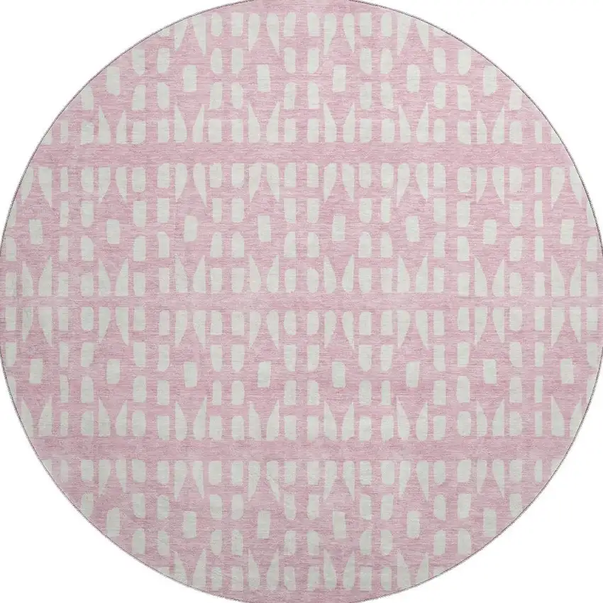 8' Pink And Ivory Geometric Washable Round Rug With UV Protection Photo 2