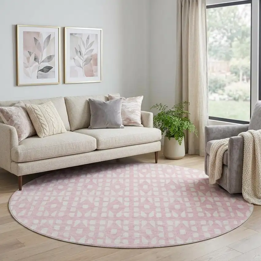 8' Pink And Ivory Geometric Washable Round Rug With UV Protection Photo 1