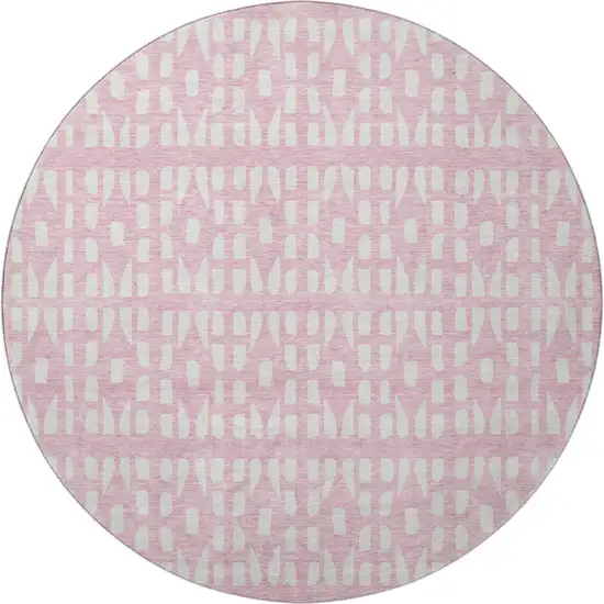 8' Pink And Ivory Geometric Washable Round Rug With UV Protection Photo 3