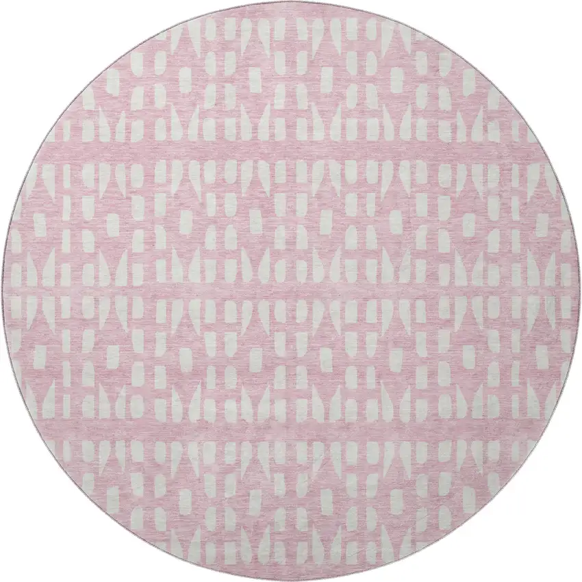 8' Pink And Ivory Geometric Washable Round Rug With UV Protection Photo 3