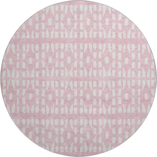 8' Pink And Ivory Geometric Washable Round Rug With UV Protection Photo 1