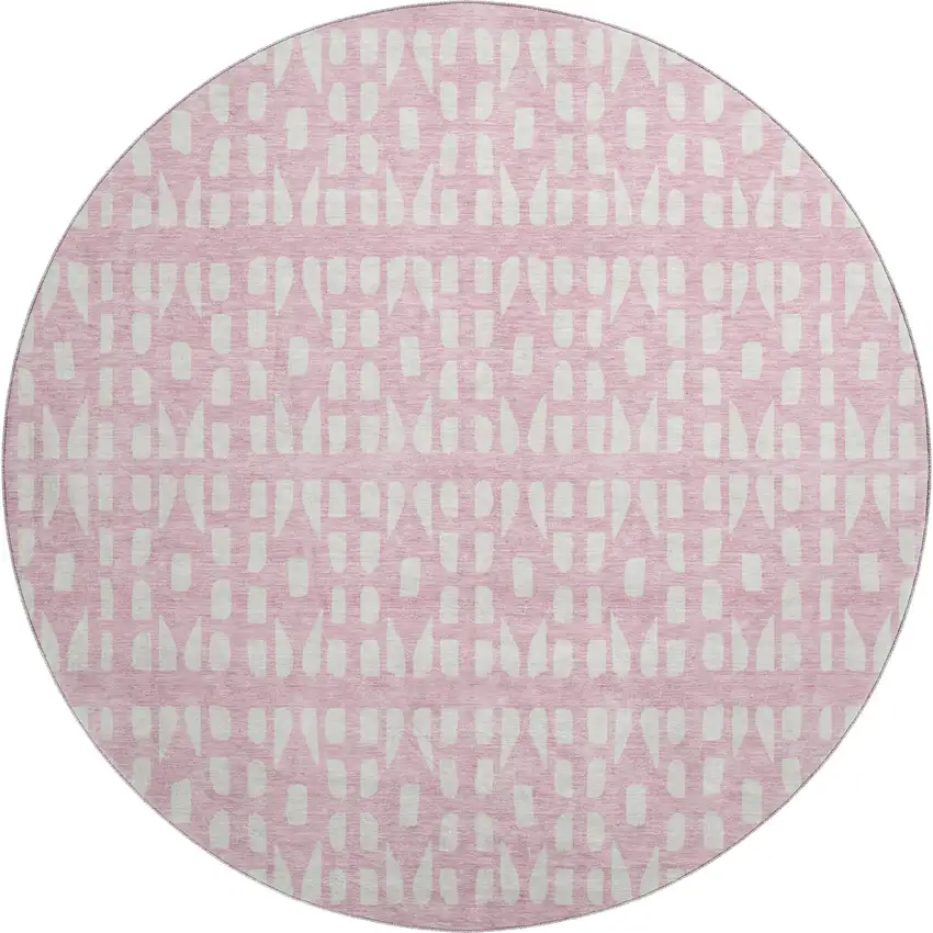 8' Pink And Ivory Geometric Washable Round Rug With UV Protection Photo 1