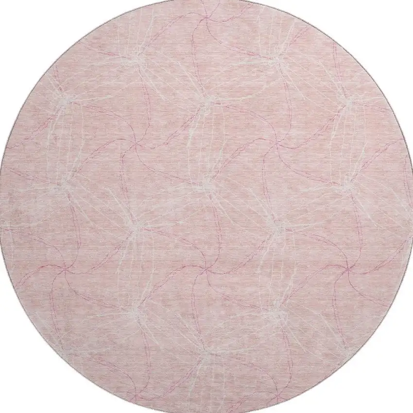 8' Pink And Ivory Geometric Washable Round Rug With UV Protection Photo 3