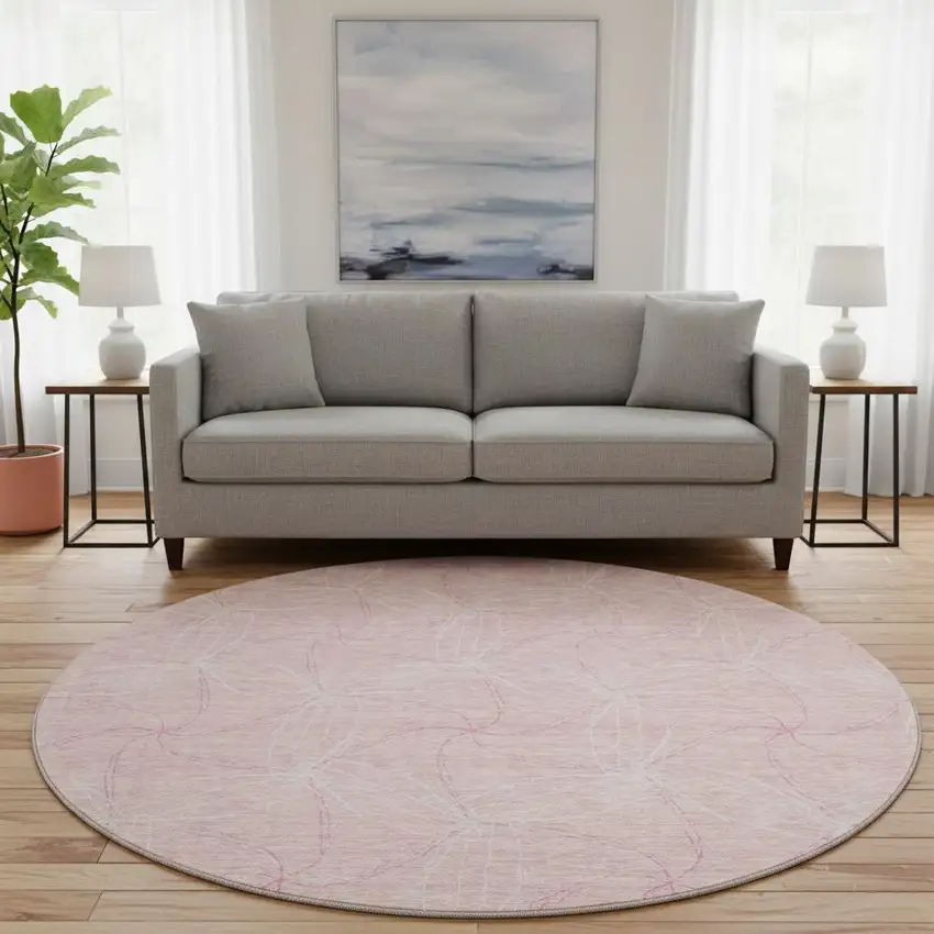 8' Pink And Ivory Geometric Washable Round Rug With UV Protection Photo 2