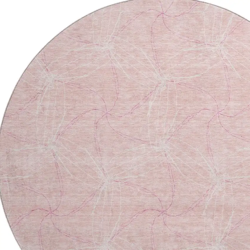 8' Pink And Ivory Geometric Washable Round Rug With UV Protection Photo 2