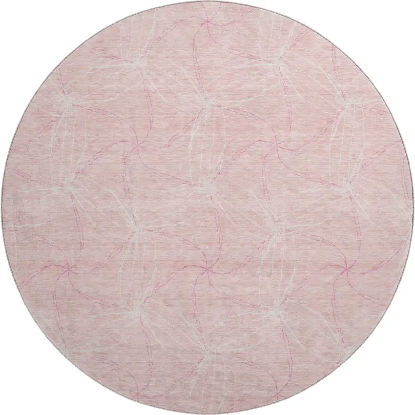 8' Pink And Ivory Geometric Washable Round Rug With UV Protection Photo 1
