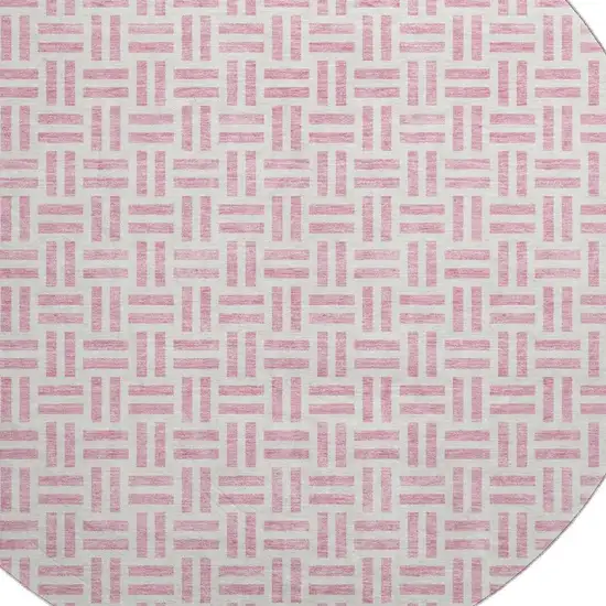 8' Pink And Ivory Geometric Washable Round Rug With UV Protection Photo 2