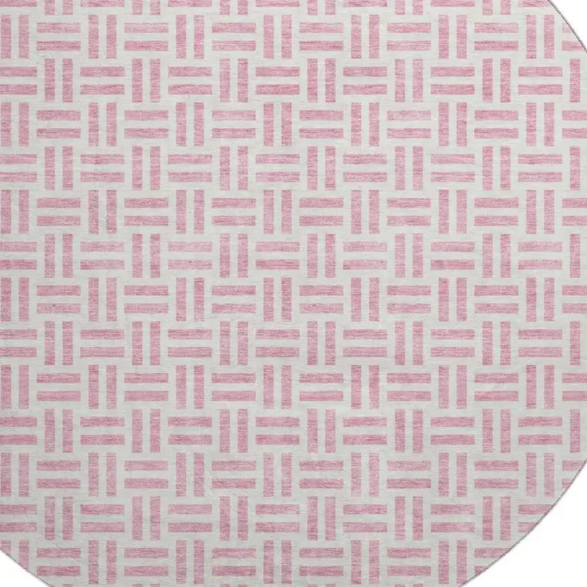 8' Pink And Ivory Geometric Washable Round Rug With UV Protection Photo 2