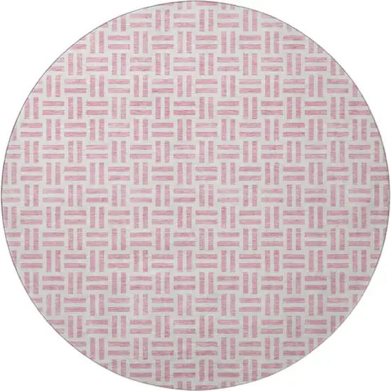8' Pink And Ivory Geometric Washable Round Rug With UV Protection Photo 3