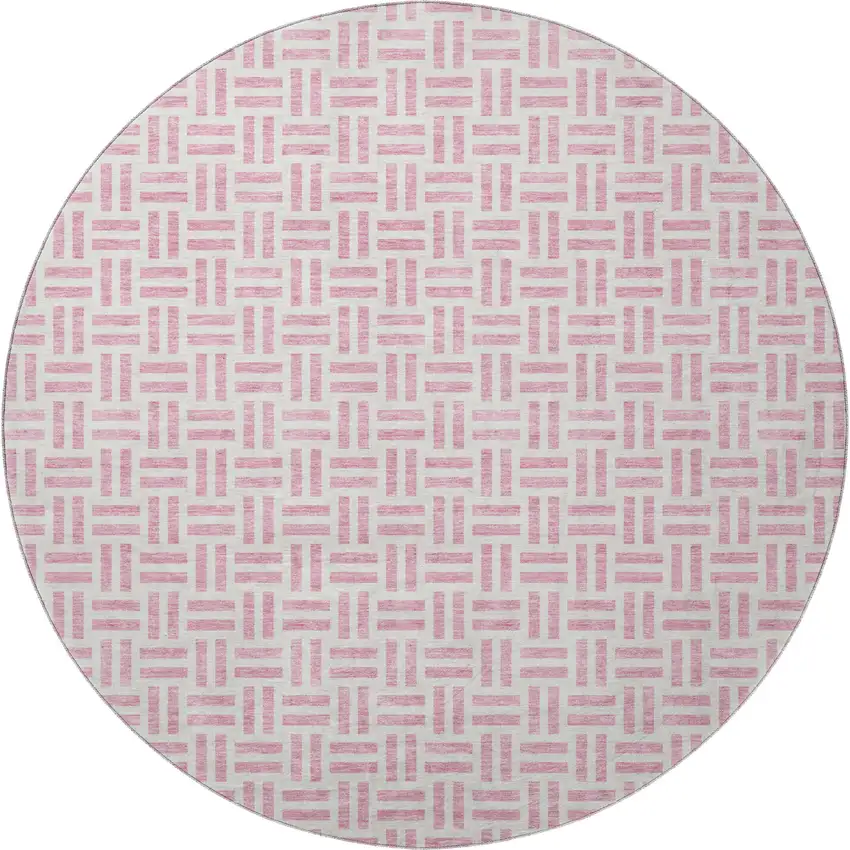 8' Pink And Ivory Geometric Washable Round Rug With UV Protection Photo 3